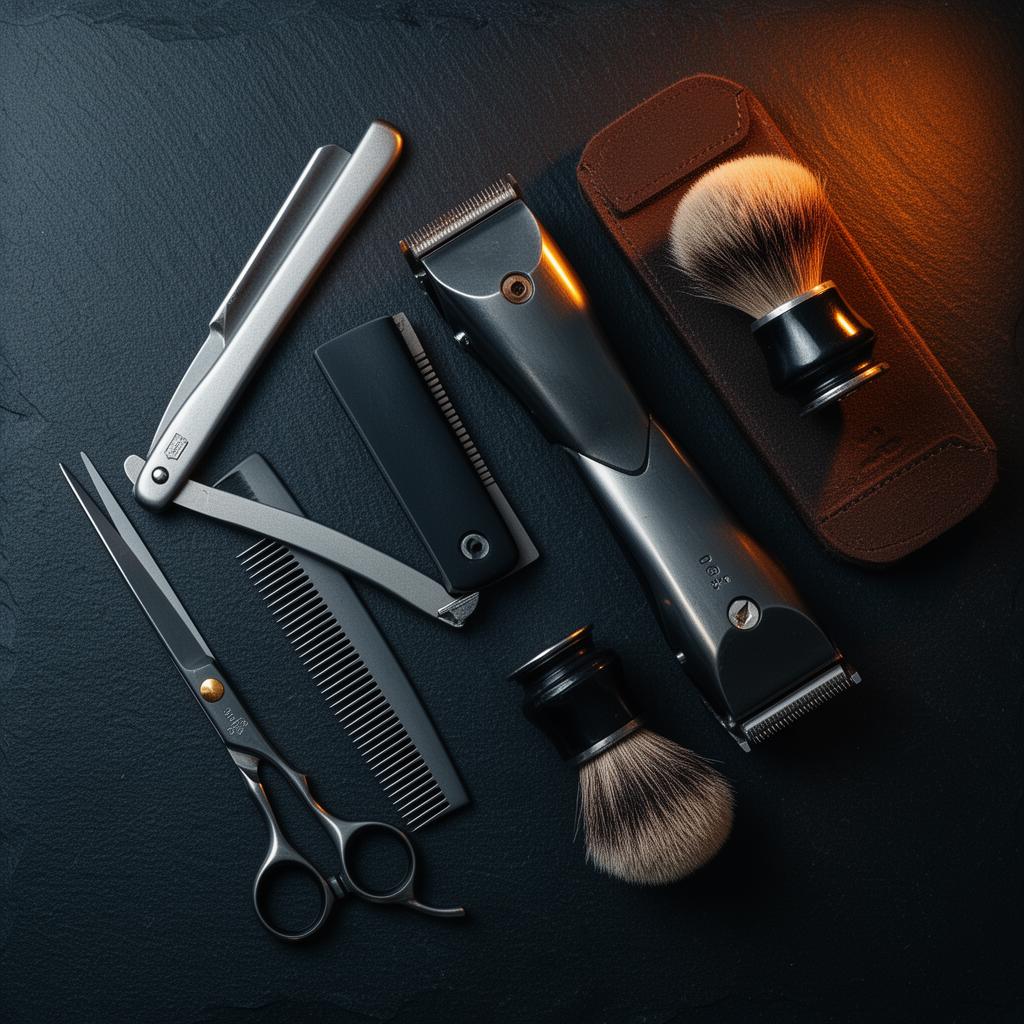 Premium barber tools laid out on slate